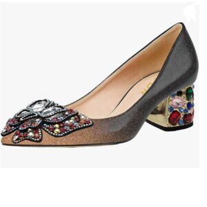 YDN Gold Black Pointed Toe Bow Pump Rhinestone Block Low Heel Butterfly Shoe.